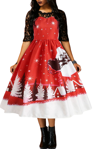 BY610920-1 JINGLE ALL THE THE WAY CHRISTMAS PRINT FLARED DRESS